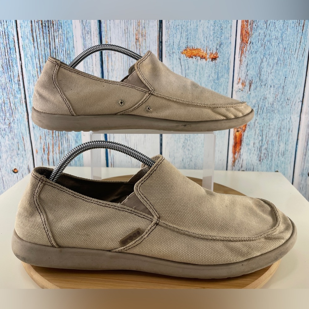 Crocs Shoes Mens 13 Santa Cruz Slip On Flats Loafers Tan Canvas Casual 202972